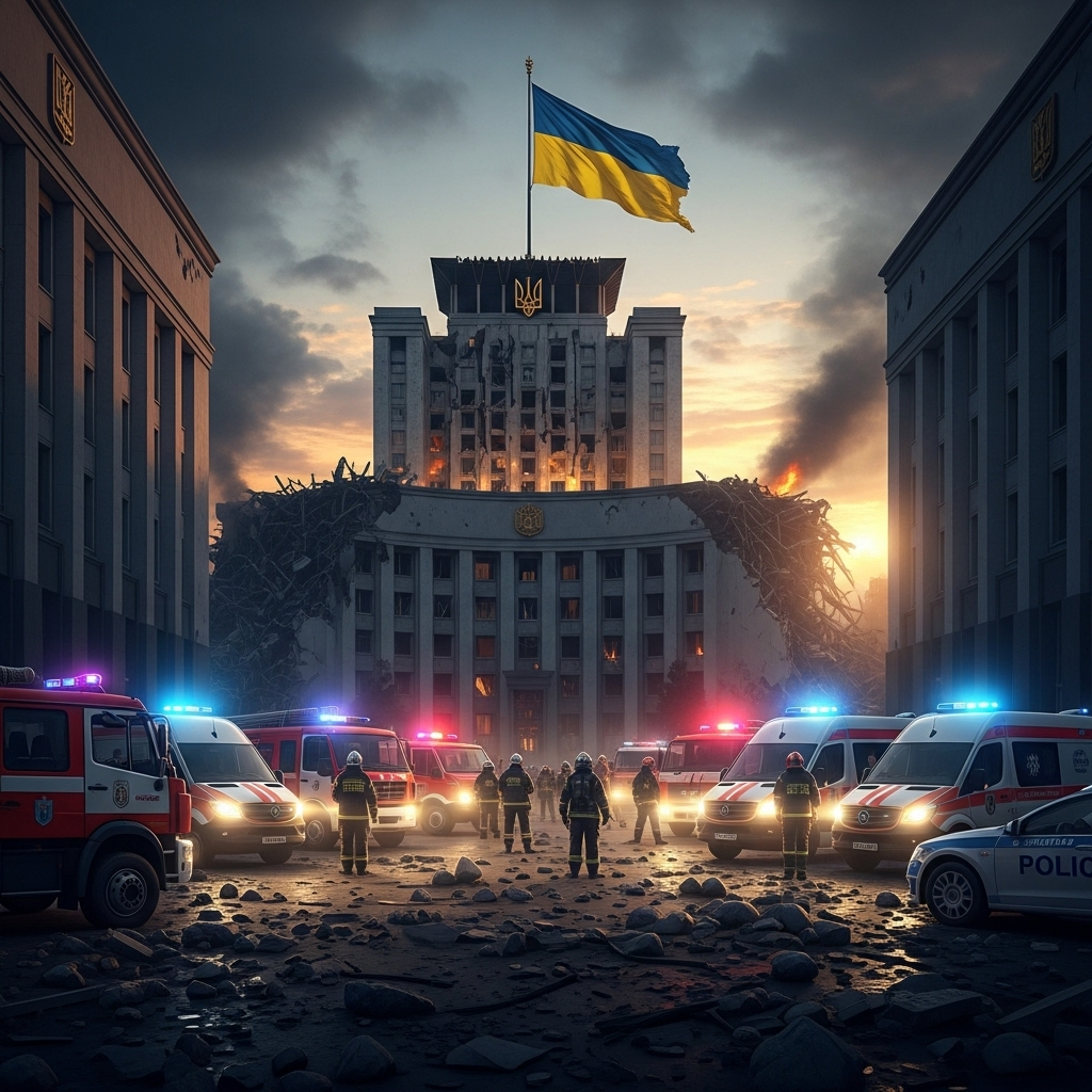 Kyiv Government Building: 10 Images From the Attack 4 First responders and emergency vehicles gathered in front of the damaged Kyiv government building.