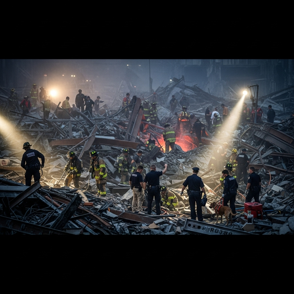 Ground Zero: Remembering the 2,977 Lives Lost on 9/11 3 First responders working amidst the twisted steel and debris at ground zero during the recovery efforts.