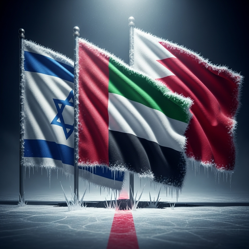 Red Lines: 4 Geopolitical Shifts After Israel's Doha Strike 3 Flags of Israel, UAE, and Bahrain looking frozen, representing the halt of normalization due to crossed red lines.