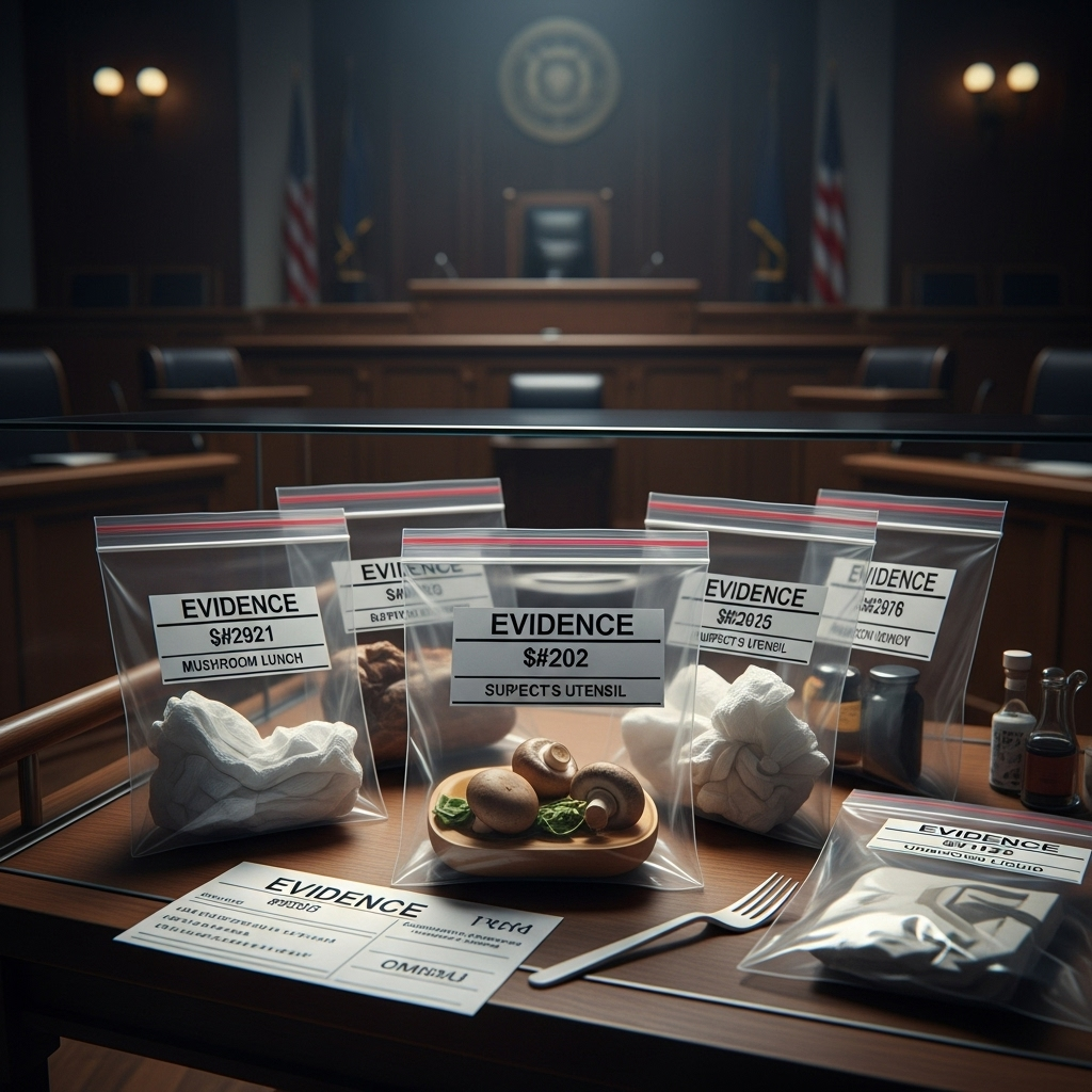 Mushroom lunch murderer: 3 deaths lead to life sentence 4 Forensic evidence bags from the mushroom lunch murderer investigation presented in court.