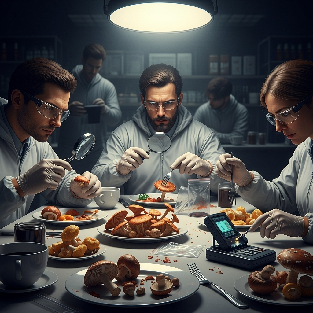 Toxic Mushroom Lunch: 3 Dead, Killer Jailed for Life 3 Forensic experts examining evidence related to the toxic mushroom lunch.