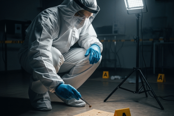 forensic investigator in protective gear examining evidence at a simulated crime scene 0