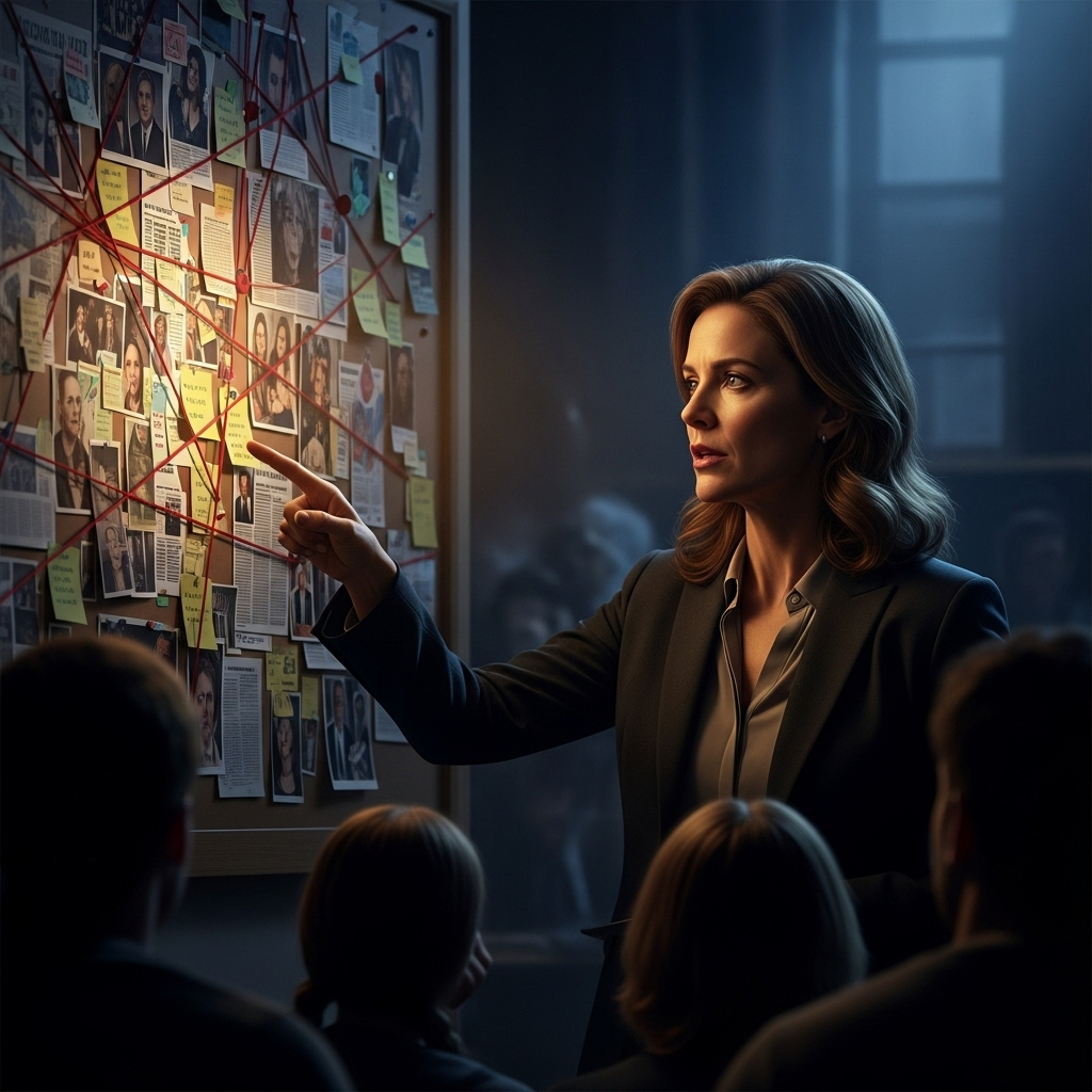 Former FBI Profiler: 3 Signs Kirk's Assassin Leaked Plans 3 Former FBI profiler Dr. Evelyn Reed pointing at a connection board during a lecture.