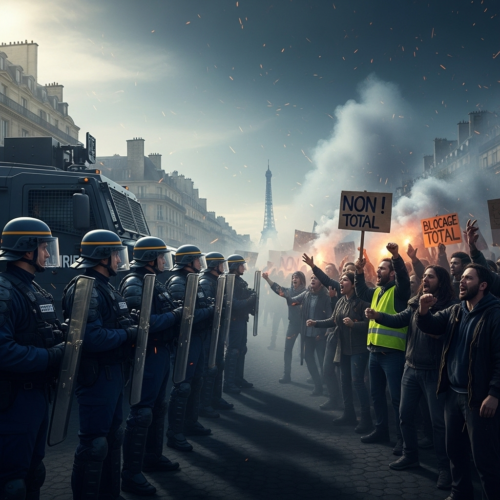 'Block Everything' Protests: Hundreds Arrested in France 2 French Gendarmerie facing off against demonstrators during the 'block everything' protests in Paris.