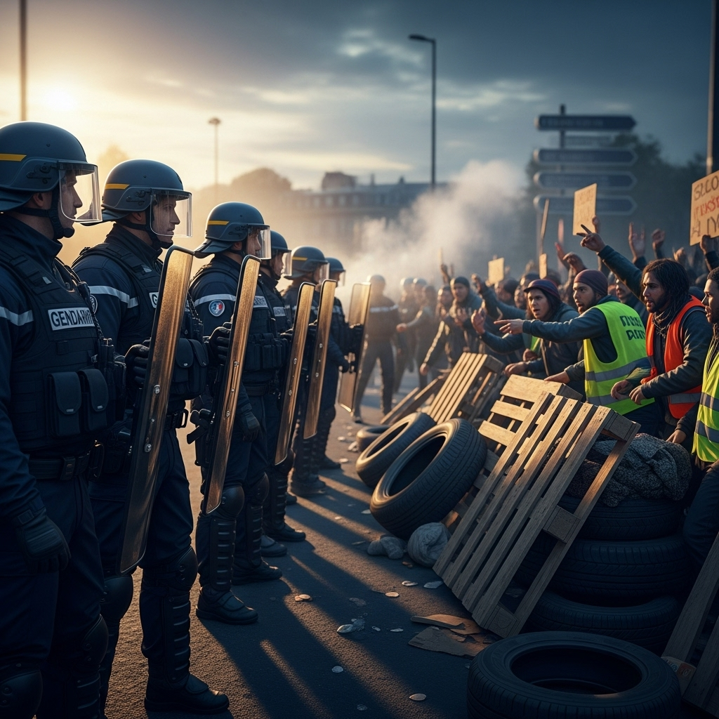 'Block Everything' Protests: Hundreds Arrested in France 3 French Gendarmerie facing off with demonstrators at a barricade during the 'block everything' protests.