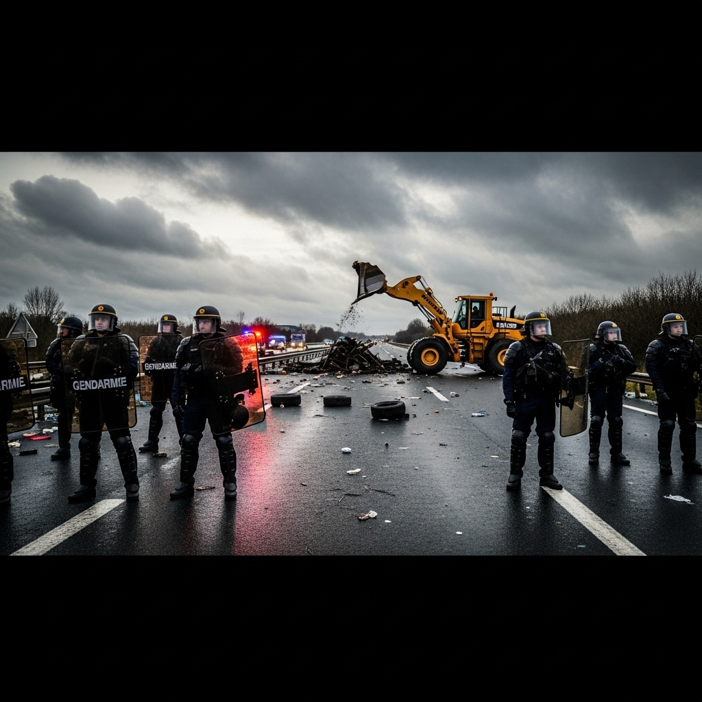 'block everything' protests: Over 300 Arrested in France 3 French Gendarmerie in riot gear stand guard as a highway is cleared during the 'block everything' protests.