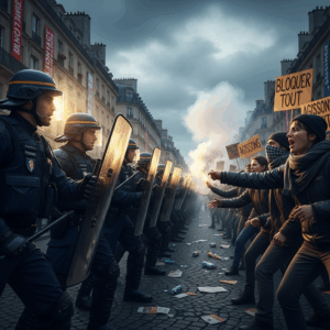 french police confronting a line of activists during the block everything protests in paris 0