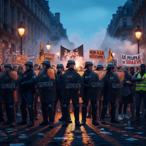 french police forming a line against demonstrators at the block everything protests in central paris 0