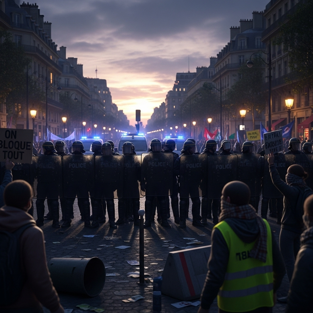 'Block everything' protests: Hundreds arrested in France 2 French police forming a line to contain participants in the 'block everything' protests in a major city.