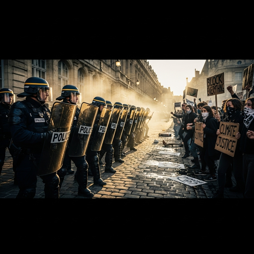 'Block Everything' Protests: Over 200 Arrested in France 3 French police in riot gear confronting activists at the 'block everything' protests.