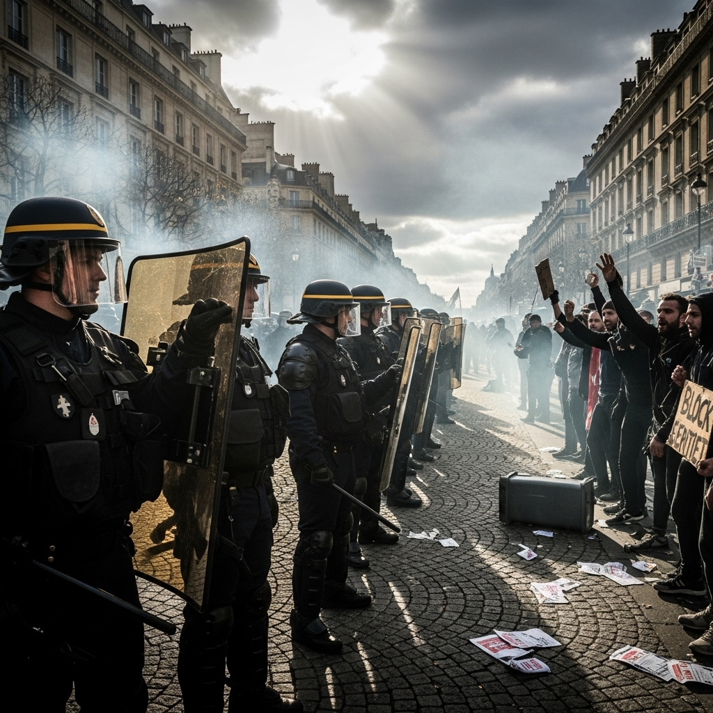 'Block everything' protests: Over 100 arrested in France 2 French police in riot gear confronting activists during the 'block everything' protests in central Paris.