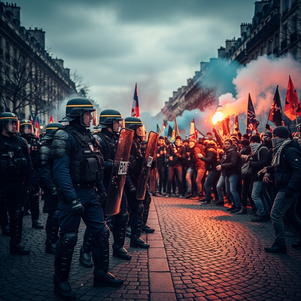 'block everything' protests: Over 300 Arrested in France 2 French police in riot gear facing a crowd of demonstrators during the 'block everything' protests in Paris.