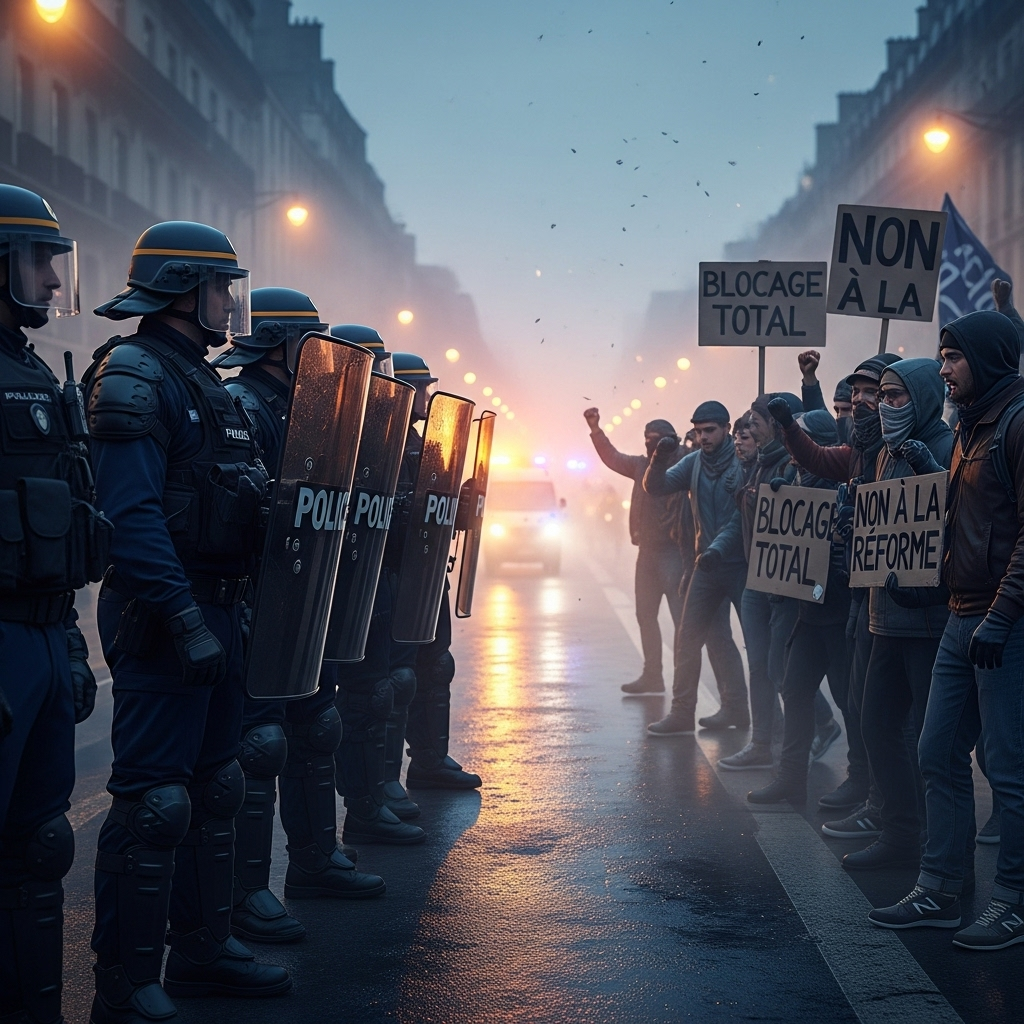'block everything' protests: Over 100 arrested in France 3 French police in riot gear facing a line of demonstrators during the 'block everything' protests.
