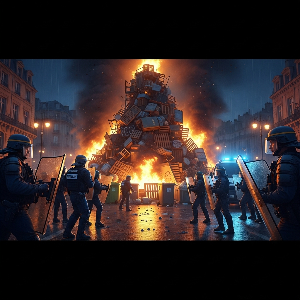 'Block everything' protests: Over 300 Arrested in France 2 French police in riot gear facing off against a burning barricade during the 'block everything' protests in a major city.