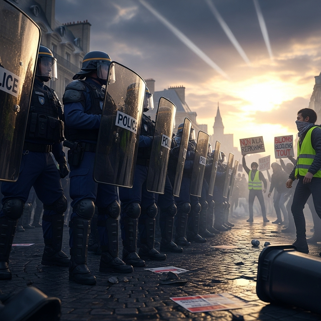 'Block Everything' Protests: Over 200 Arrested in France 2 French police in riot gear facing off against demonstrators during the 'block everything' protests in Paris.