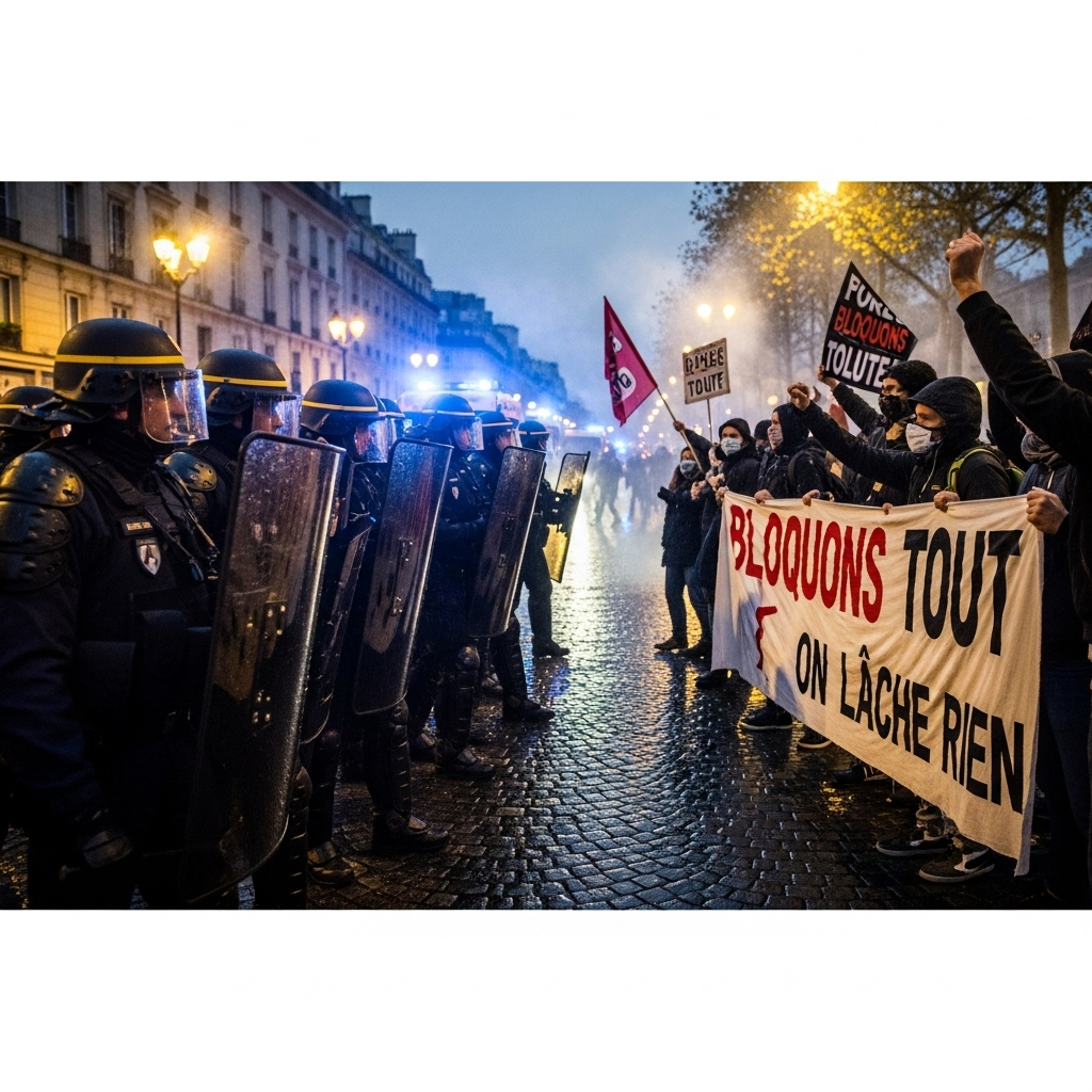 'block everything' protests: Over 300 arrested in France 3 French police in riot gear facing off with participants in the 'block everything' protests in central Paris.
