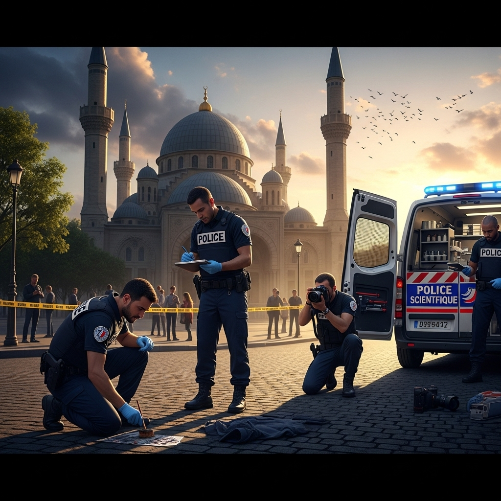 outside mosques: French suspect 1 foreign power in attacks 2 French police investigators gathering evidence on a street outside mosques in Paris.