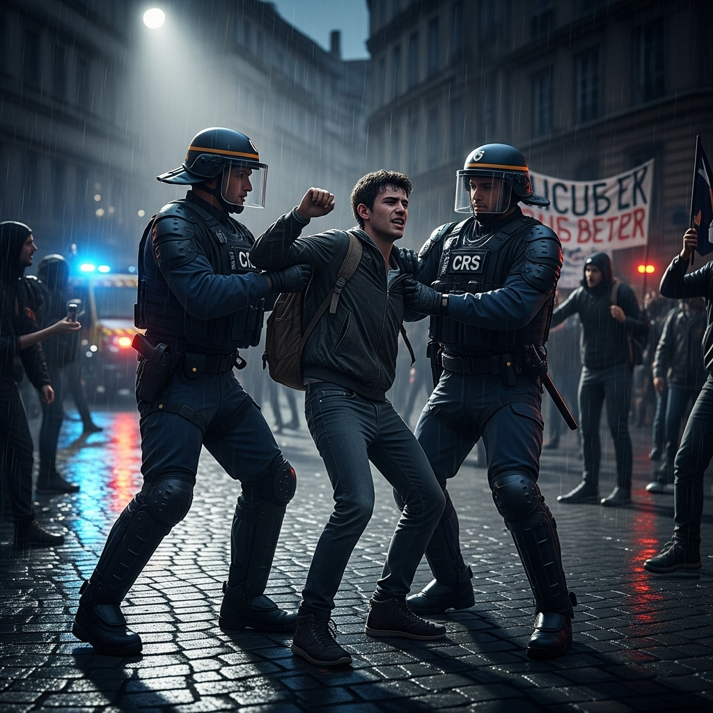 'Block Everything' Protests: 100s Arrested in France 3 French police officers arresting a demonstrator during the 'block everything' protests in Lyon.