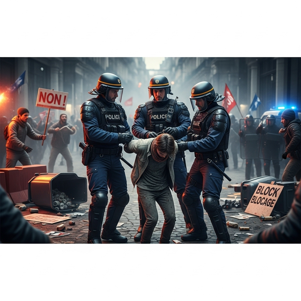 'Block Everything' Protests: Over 200 Arrested in France 3 French police officers detaining an activist at the scene of the 'block everything' protests.