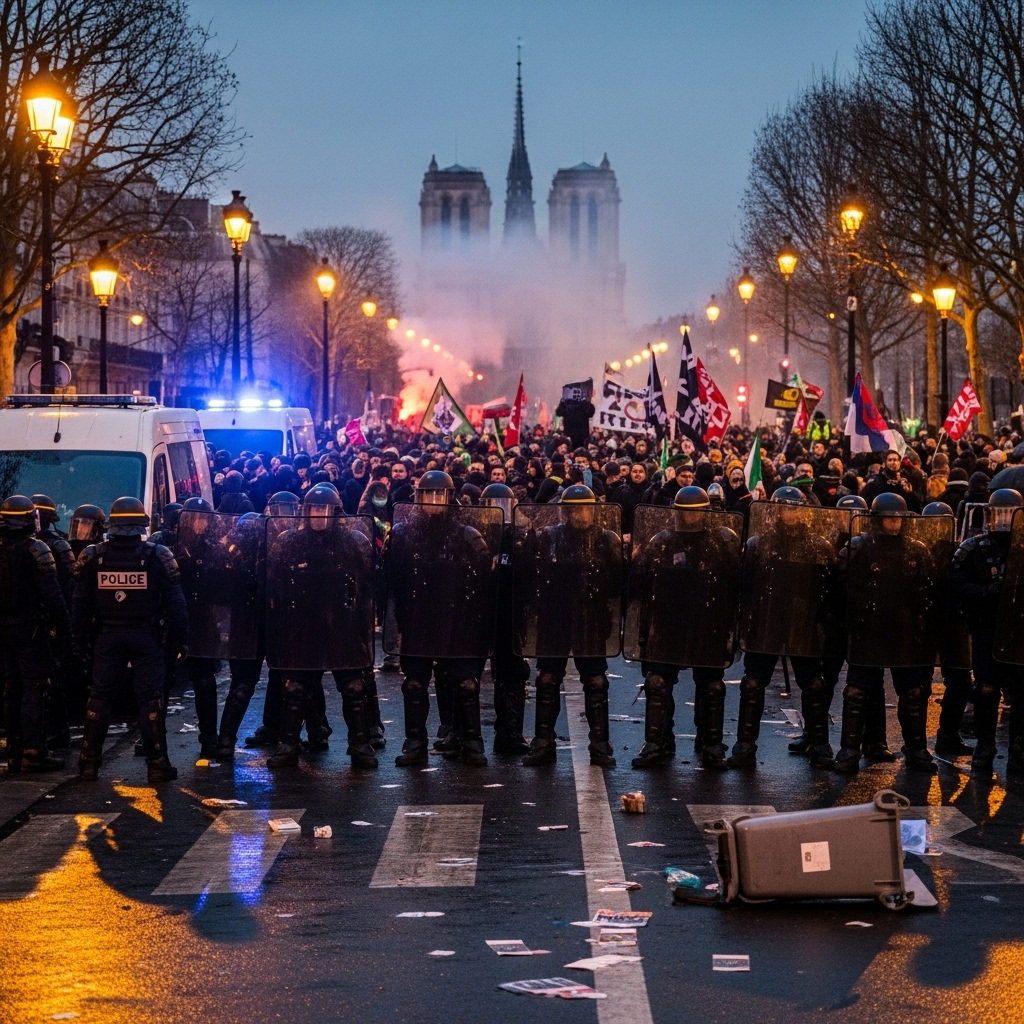 'Block Everything' Protests: 100s Arrested in France 2 French riot police facing off against demonstrators during the 'block everything' protests in Paris.