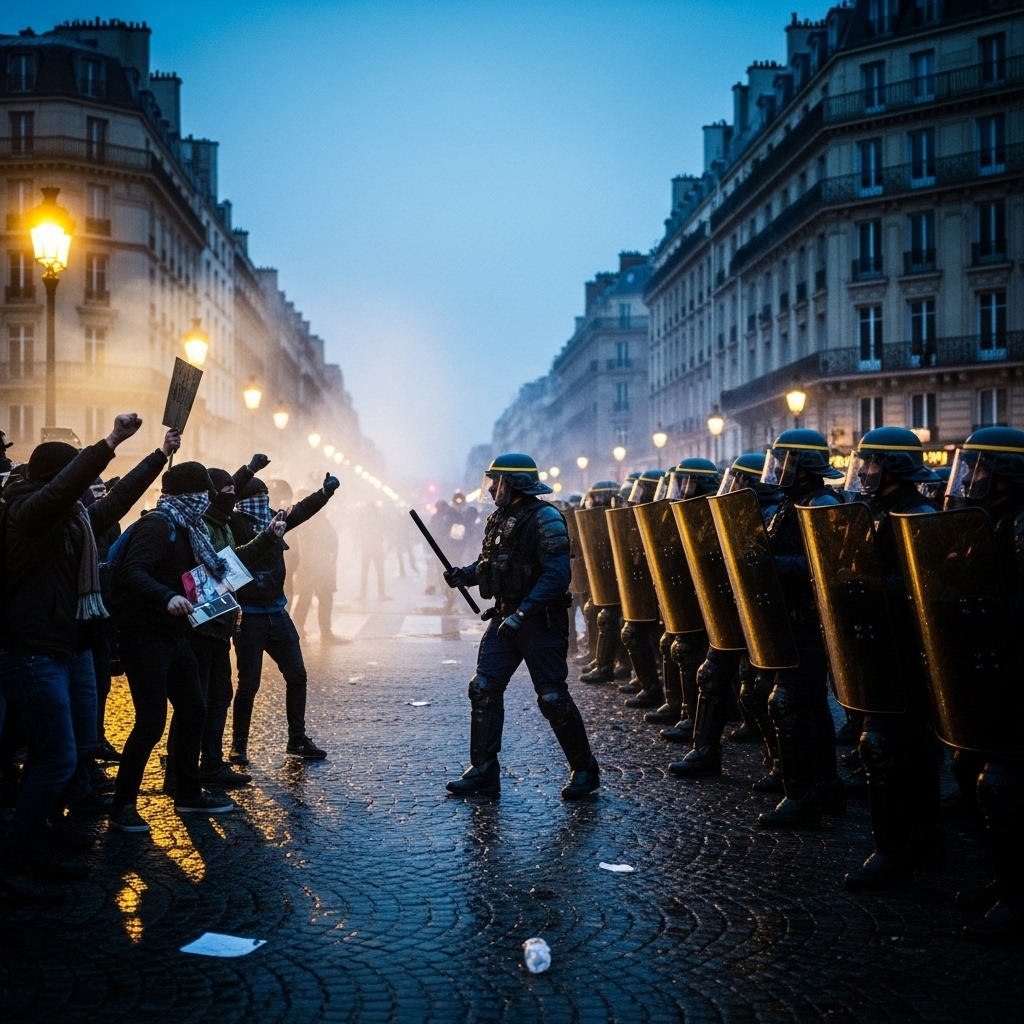 'Block Everything' Protests: 100s Arrested Across France 2 French riot police facing off with demonstrators during the 'block everything' protests in Paris.