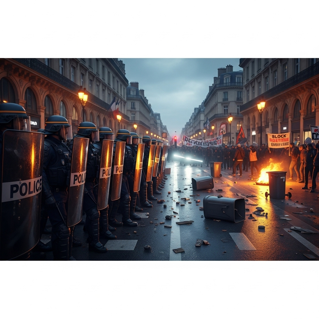 'block everything' protests: French Police Arrest 100s 3 French riot police forming a line to confront participants of the 'block everything' protests in a major city center.