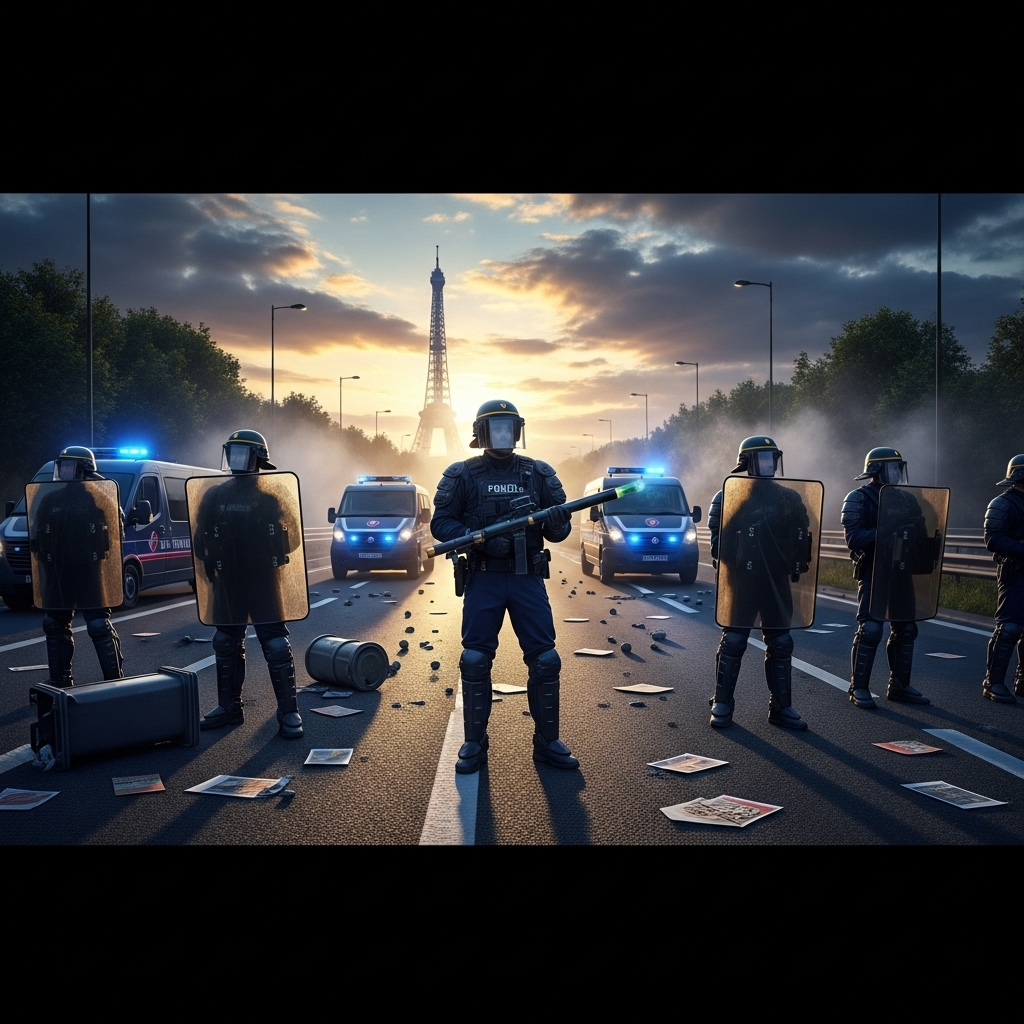 'block everything' protests: Hundreds Arrested in France 2 French riot police standing guard on a highway during the 'block everything' protests in Paris.