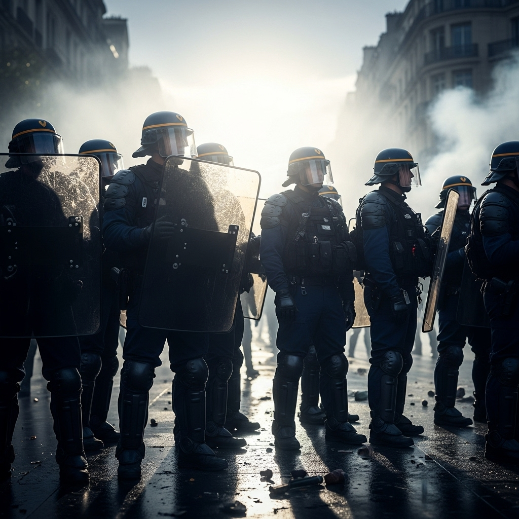 'Block Everything' protests: Over 200 arrested in France 2 French riot police standing in a line during the 'block everything' protests in Paris.