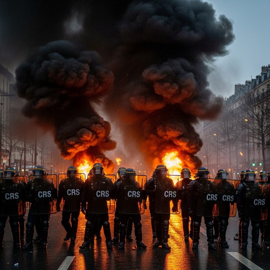 'Block Everything' Protests: France Arrests Over 100 3 French riot police, the CRS, standing in formation as smoke billows in the background from the 'block everything' protests.