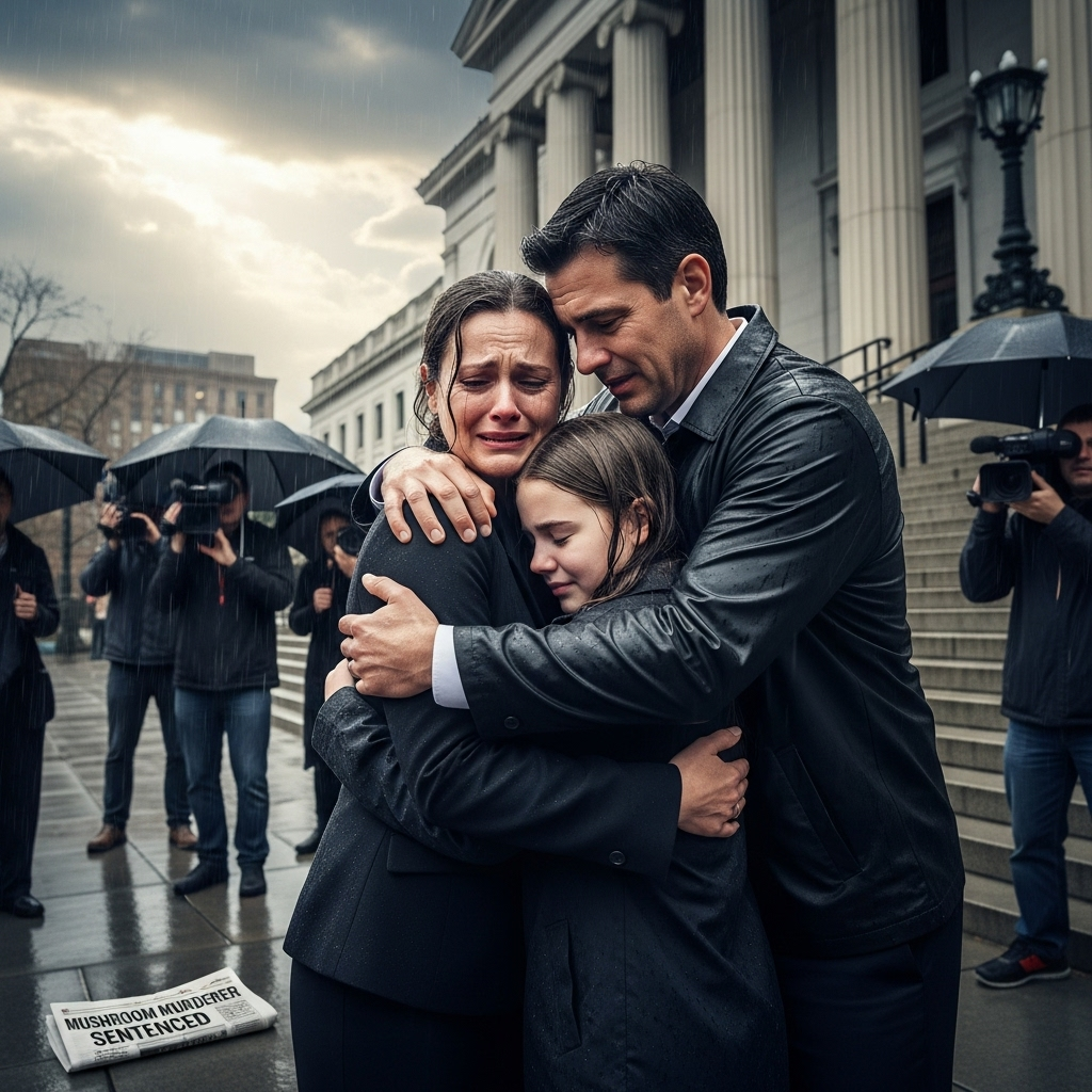 Mushroom Murderer: 5 Chilling Moments From Her Sentencing 4 Grieving family members embrace outside the courthouse following the sentencing of the mushroom murderer.