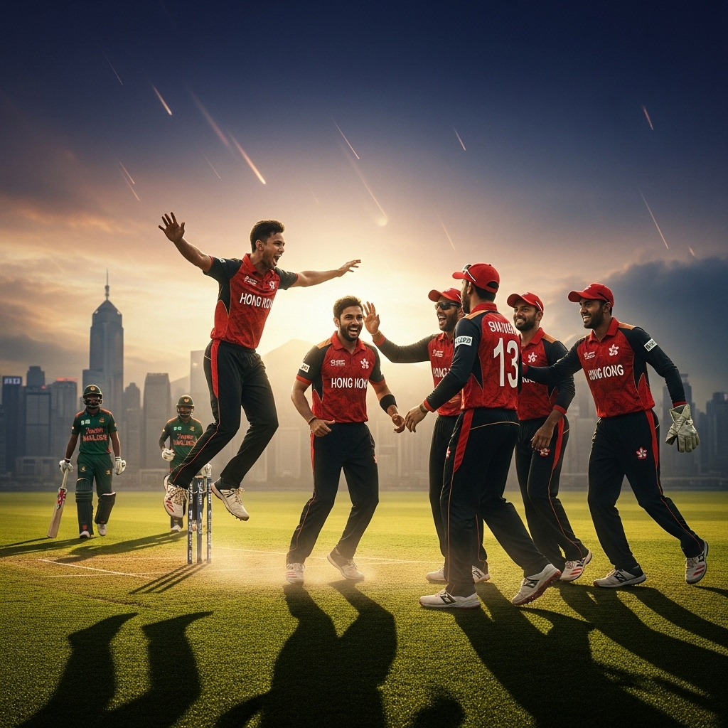 Hong Kong Shock Averted: Litton Das' 50+ Saves Bangladesh 2 Hong Kong cricket team celebrating a wicket, nearly causing a hong kong shock against Bangladesh.