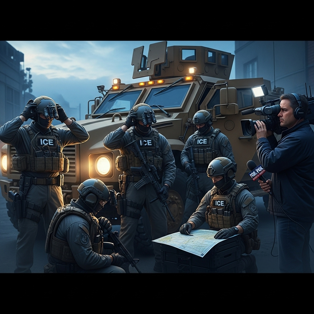 exclusive fox news ride: 1 Arrested After ICE Smash Window 2 ICE agents in tactical gear preparing for an operation during an exclusive fox news ride.