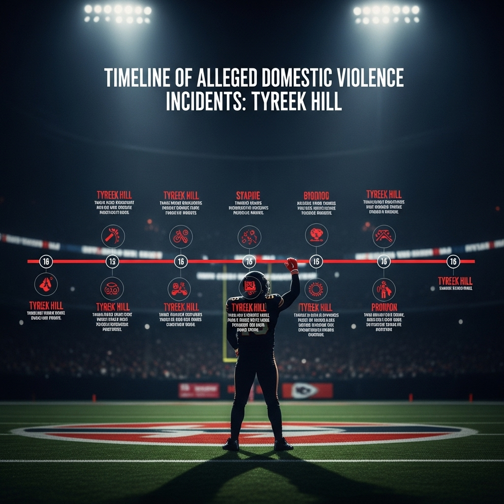 8 domestic violence incidents alleged against Tyreek Hill 2 Infographic detailing the timeline of the 8 domestic violence incidents alleged against Tyreek Hill.