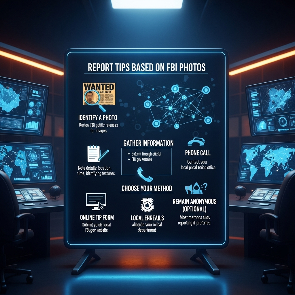 FBI Photos: 1 Alleged Kirk Assassin Joked Online 4 Infographic explaining how to report tips based on fbi photos to the authorities.