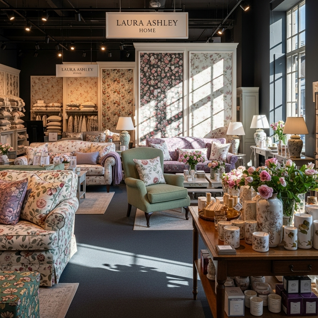 first u.k. store: Laura Ashley Returns to 1 UK High St 2 Inside the new Laura Ashley first u.k. store, showcasing its classic floral home furnishings and wallpaper displays.