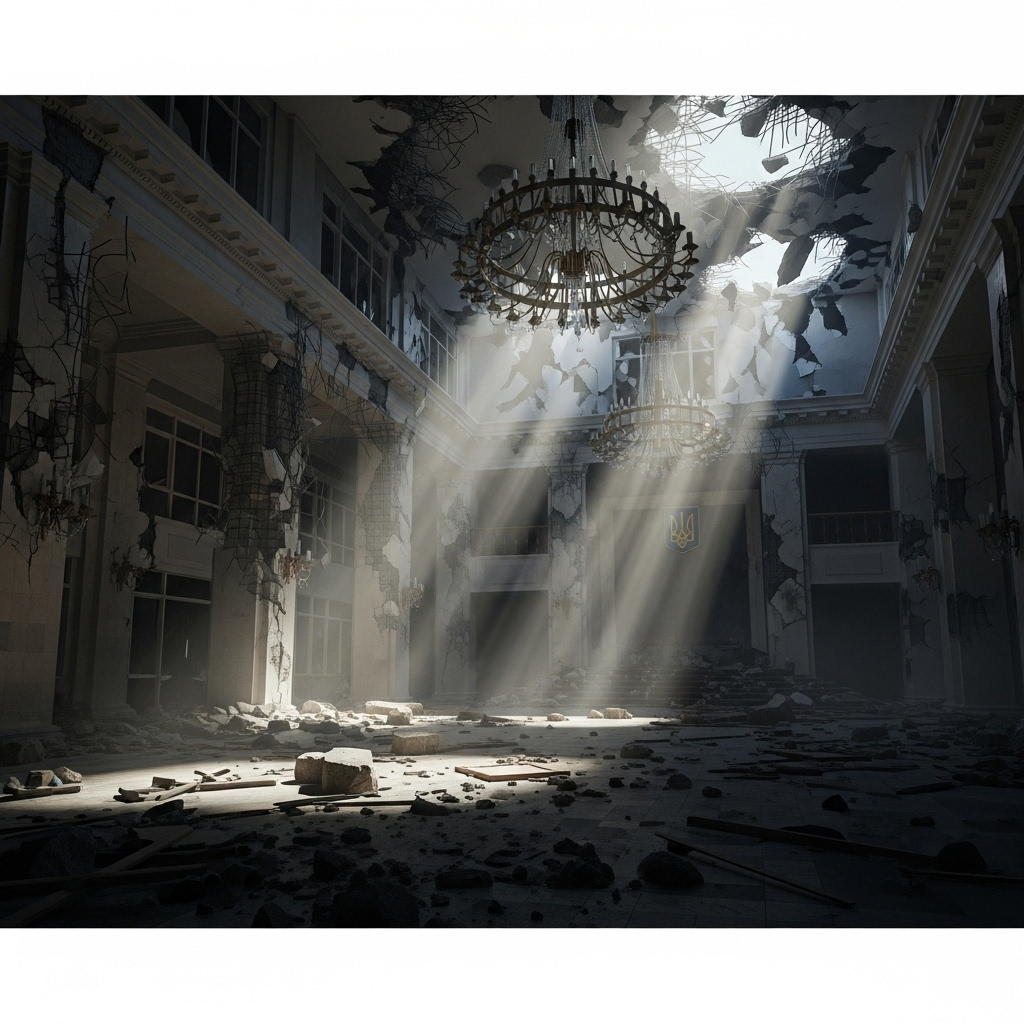 Kyiv Government Building: 10 Images From the Attack 3 Interior view of a destroyed hall within the Kyiv government building, with debris and rubble covering the floor.