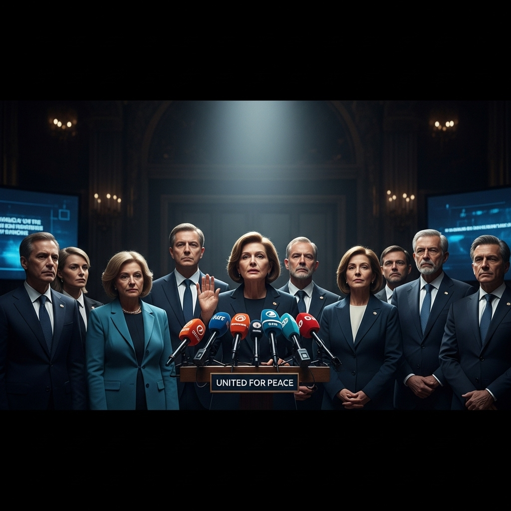 Pension Queue Struck: 23 Killed in Ukraine by Russia 3 International leaders at a podium condemning the attack on the Ukrainian pension queue.