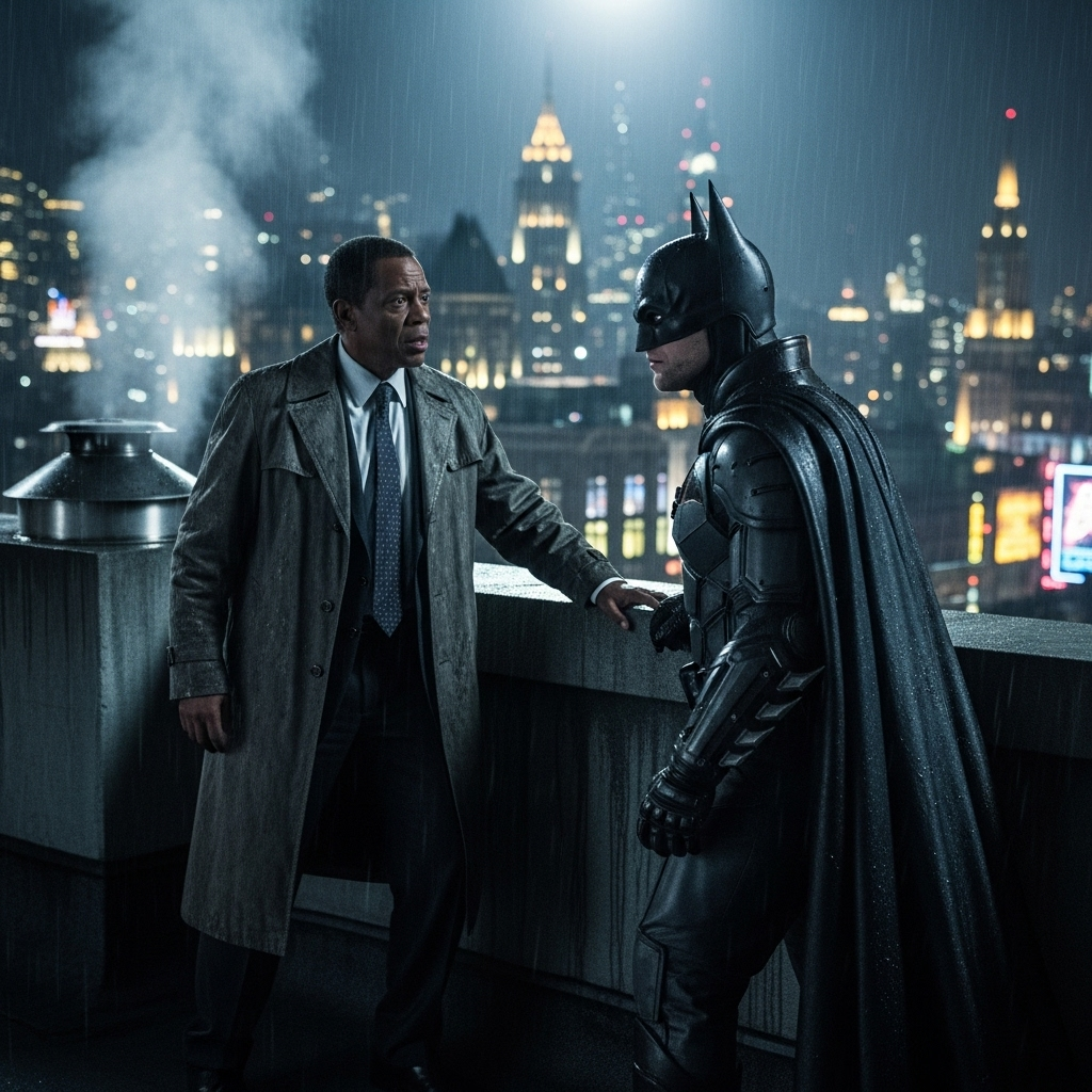 Jeffrey Wright Has 1 Message for 'Racist' Batman Critics 4 Jeffrey Wright as Commissioner Gordon standing beside Robert Pattinson's Batman on a rooftop in Gotham.