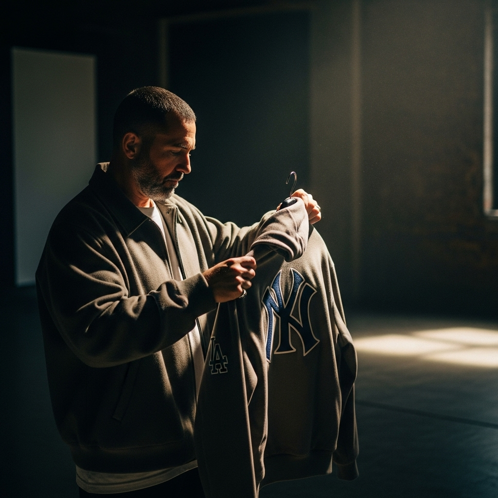 Jerry Lorenzo's 2024 Fear of God x MLB Collection is Here 2 Jerry Lorenzo inspecting a piece from the Fear of God x MLB 2024 collection.