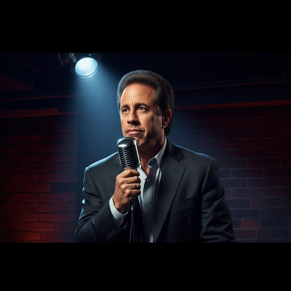 Jerry Seinfeld: 1 Fiery Take on 'Free Palestine' Movement 2 Jerry Seinfeld on stage at the Comedy Cellar, holding a microphone with an intense, thoughtful expression.