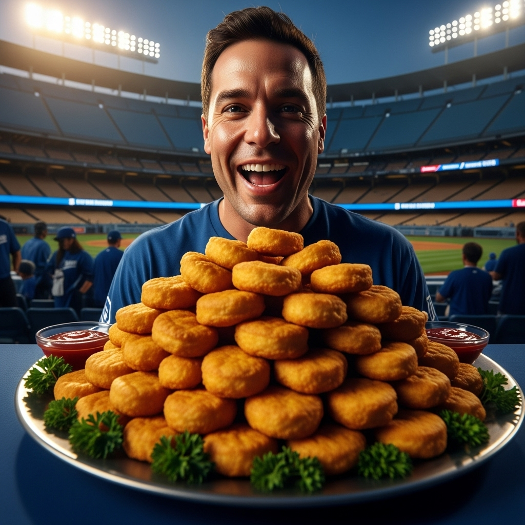 99 Nuggets: Joey Chestnut's New Challenge at Dodgers Game 2 Joey Chestnut smiling in front of a giant platter of 99 nuggets at Dodger Stadium.