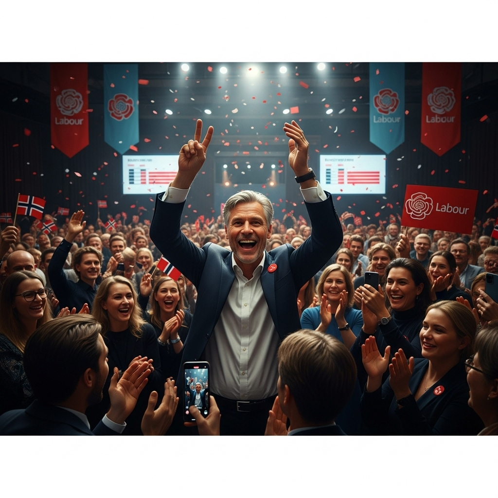 Vote Win: Norway's Left Secures 1st Place in Election 2 Jonas Gahr Støre celebrating his party's vote win with jubilant supporters.