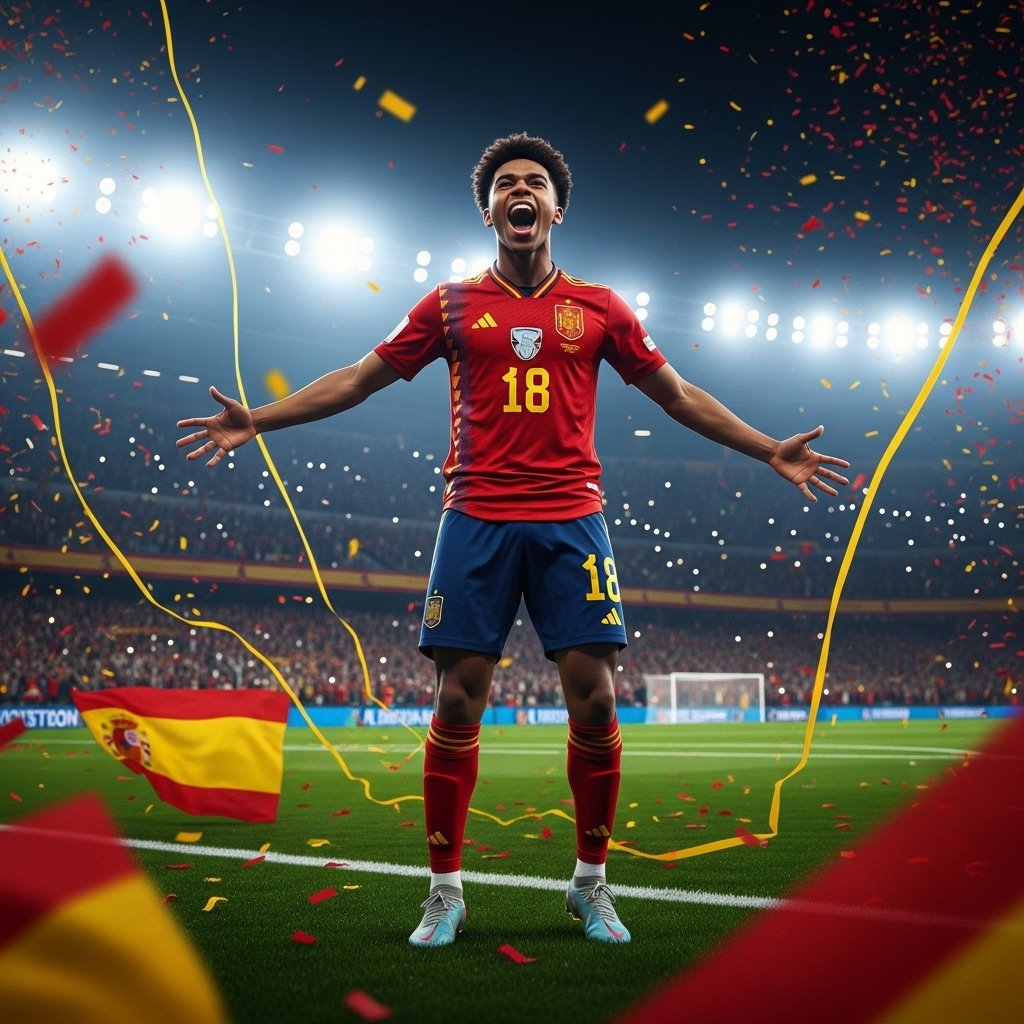 World Cup glory: Can 16-year-old Lamine Yamal lead Spain? 2 Lamine Yamal celebrating a goal for Spain, a potential sign of future World Cup glory.