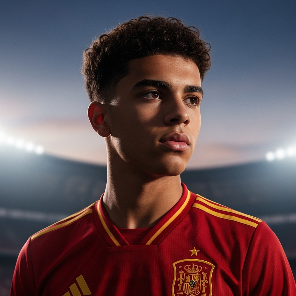 World Cup glory: Can 16-year-old Lamine Yamal lead Spain? 3 Lamine Yamal looking focused in his Spain kit, contemplating the journey to World Cup glory.