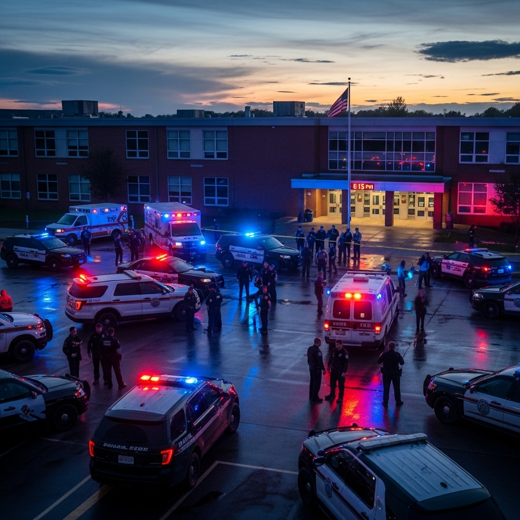 US School Shooting: 1 Dead After Suspect's Self-Inflicted Wounds 2 Law enforcement vehicles gathered outside a school building after a us school shooting incident.