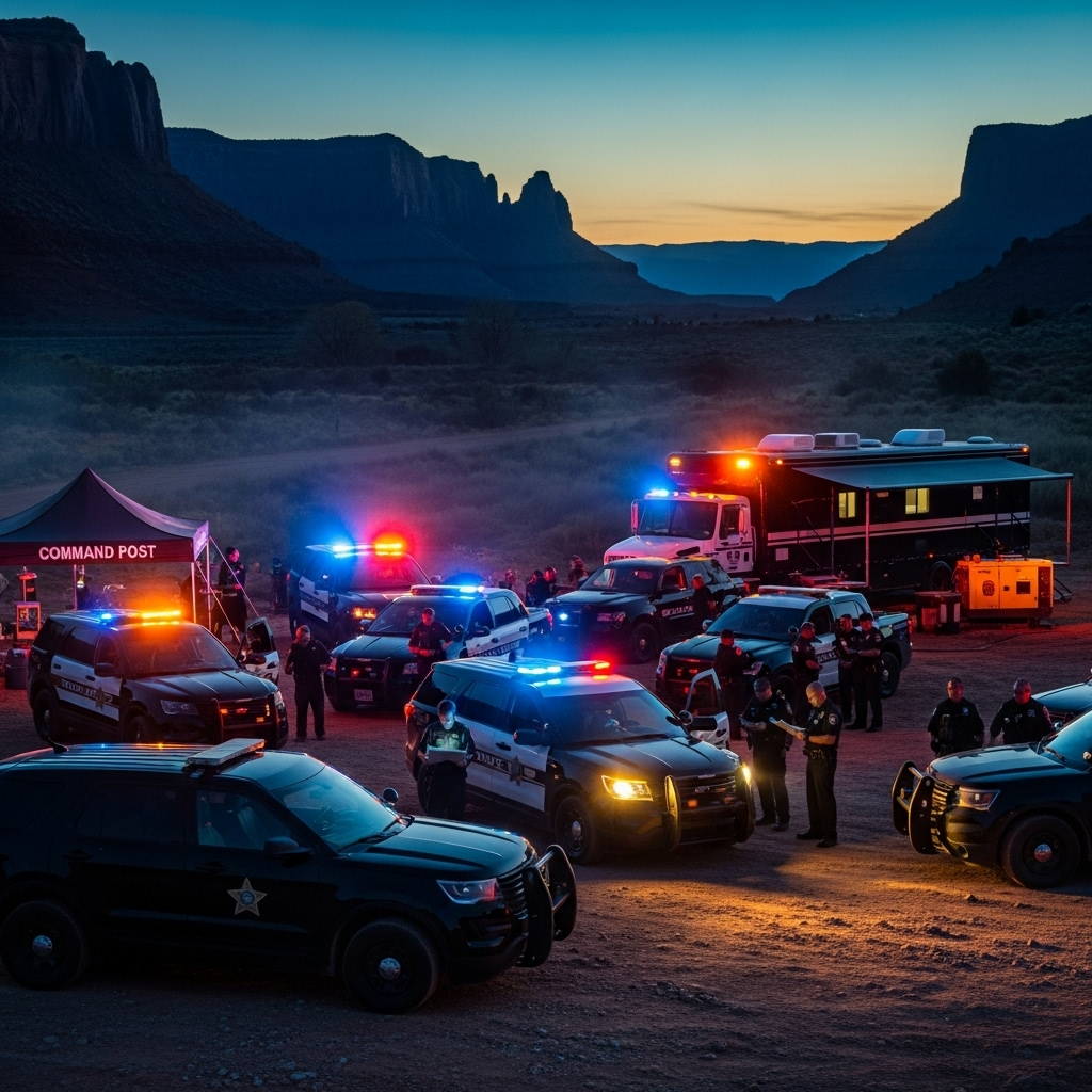 Kirk Killing: 7K+ Tips Submitted in Utah Manhunt 4 Law enforcement vehicles staged at a command post during the kirk killing manhunt in Utah.