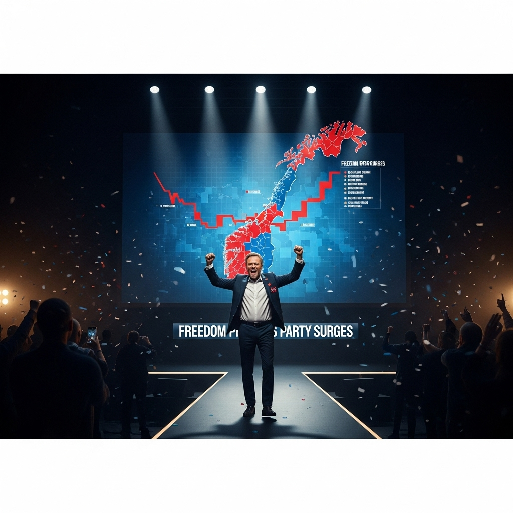 Populist Right Surges to 2nd in Norway's Election 2 Leader of the Freedom Progress Party celebrating as the populist right surges in Norway's election results.