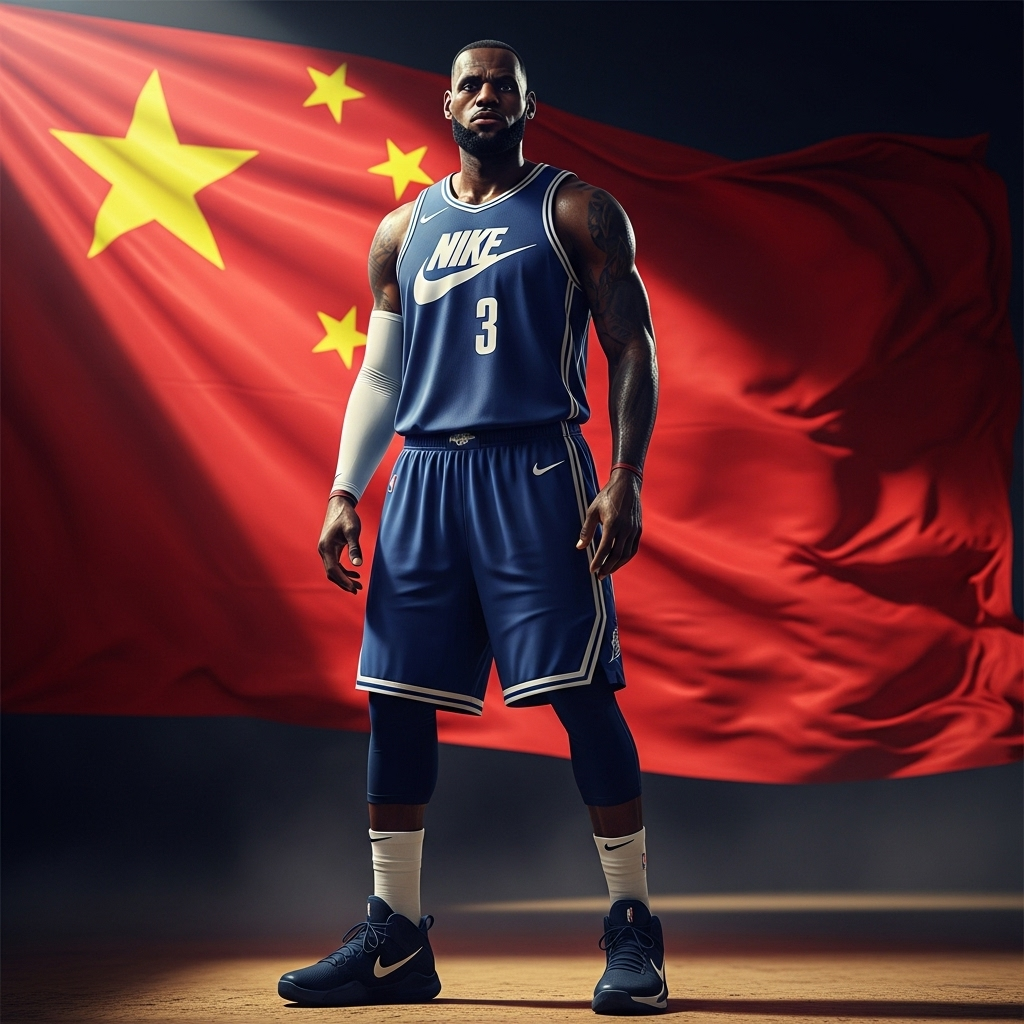 Obvious Sellout Move: 3 Reasons for LeBron's China Piece 2 LeBron James wearing Nike gear in front of a Chinese flag, a visual representation of the business ties behind the obvious sellout move.