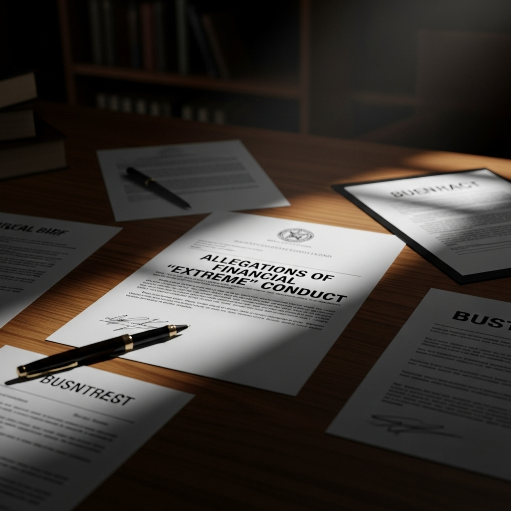 'extreme' conduct': 3 Shocking Claims in NFL Divorce 2 Legal documents on a wooden desk highlighting allegations of financial 'extreme' conduct.