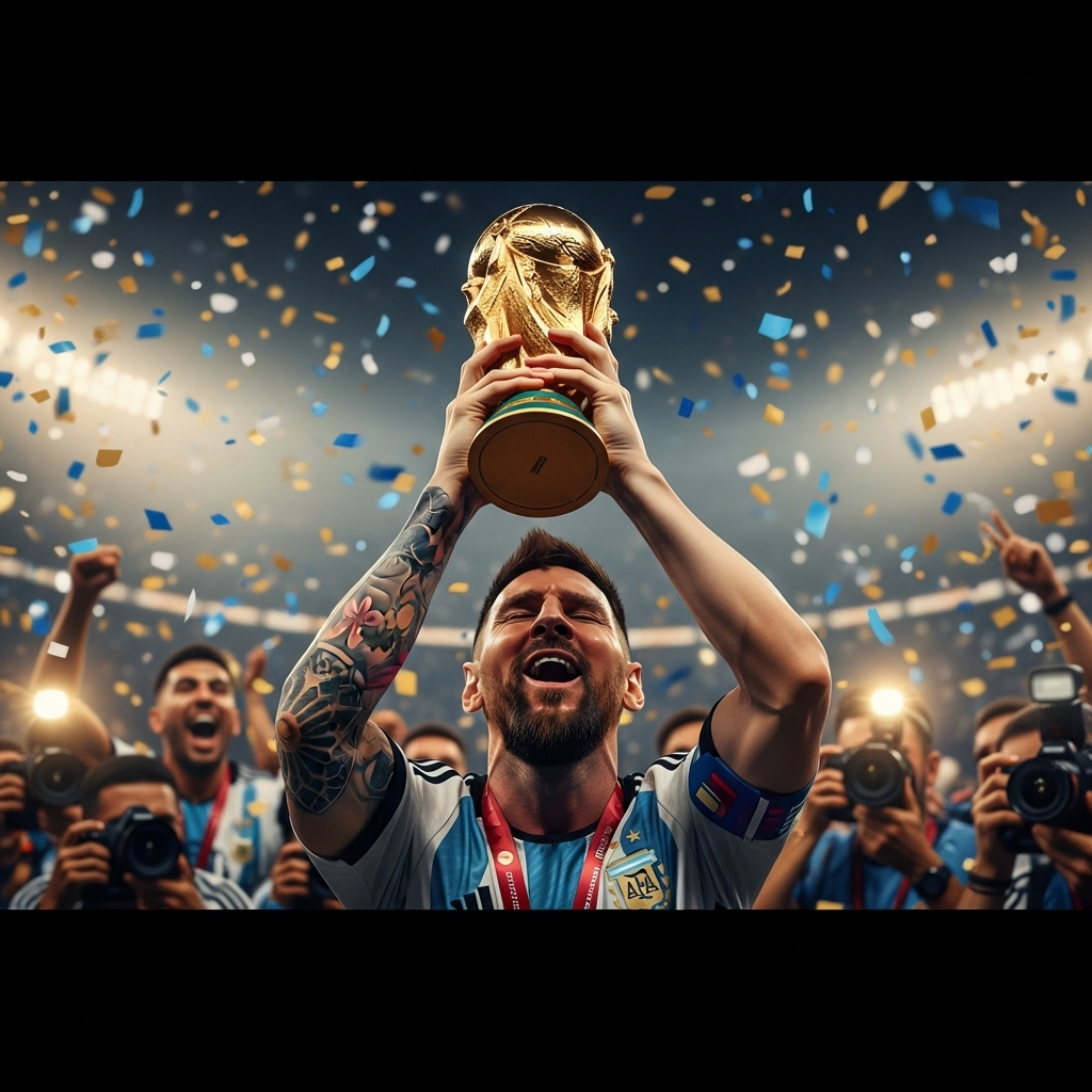 Lionel Messi: 2022 World Cup Last Dance & USMNT Win? 2 Lionel Messi celebrating with the World Cup trophy after Argentina's 2022 victory.